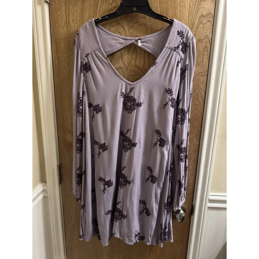 Free People Mauve Purple Floral Embroidered Long Sleeve Swing Mini Dress43